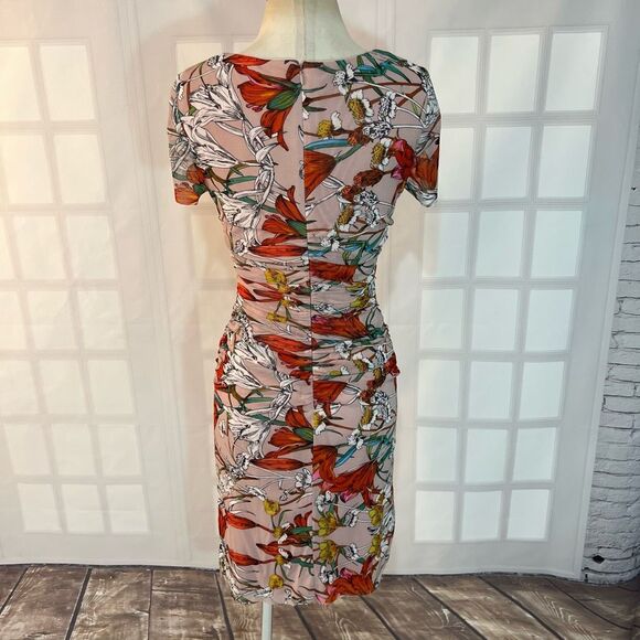 Kay Unger Dusty Pink Floral Short Sleeve Ruched Bodycon Dress Medium - Picture 5 of 11